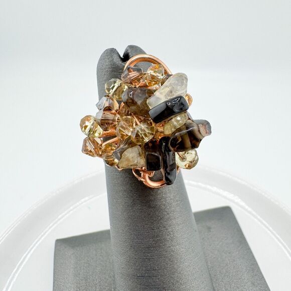 Vintage Rose Gold Wire Bead Stone Ring Chunky Handmade Artisan Bold Retro - Picture 2 of 8